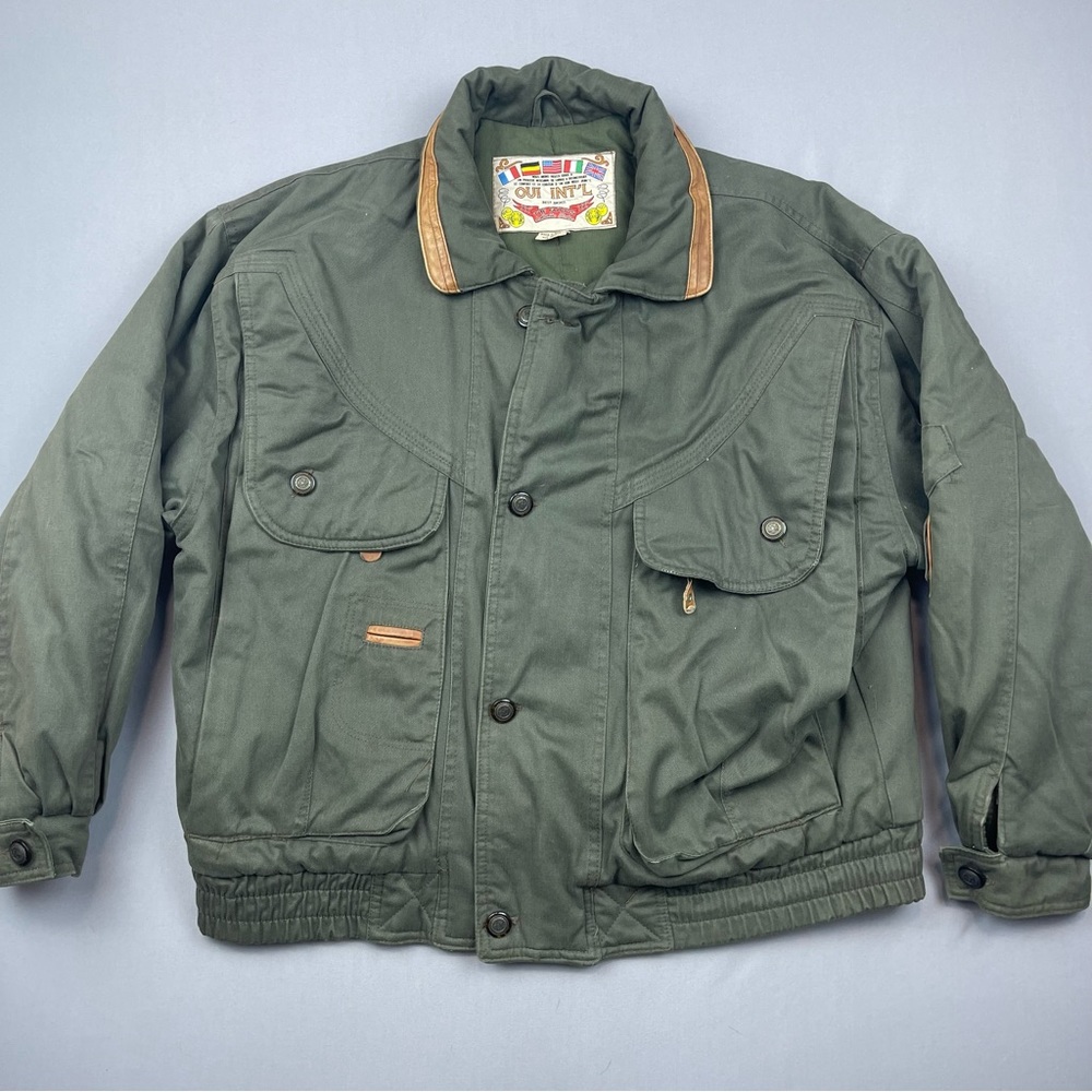 Vintage Oui Int’l Men’s Medium Flight Jacket Cotton Leather Trim Bomber Olive
